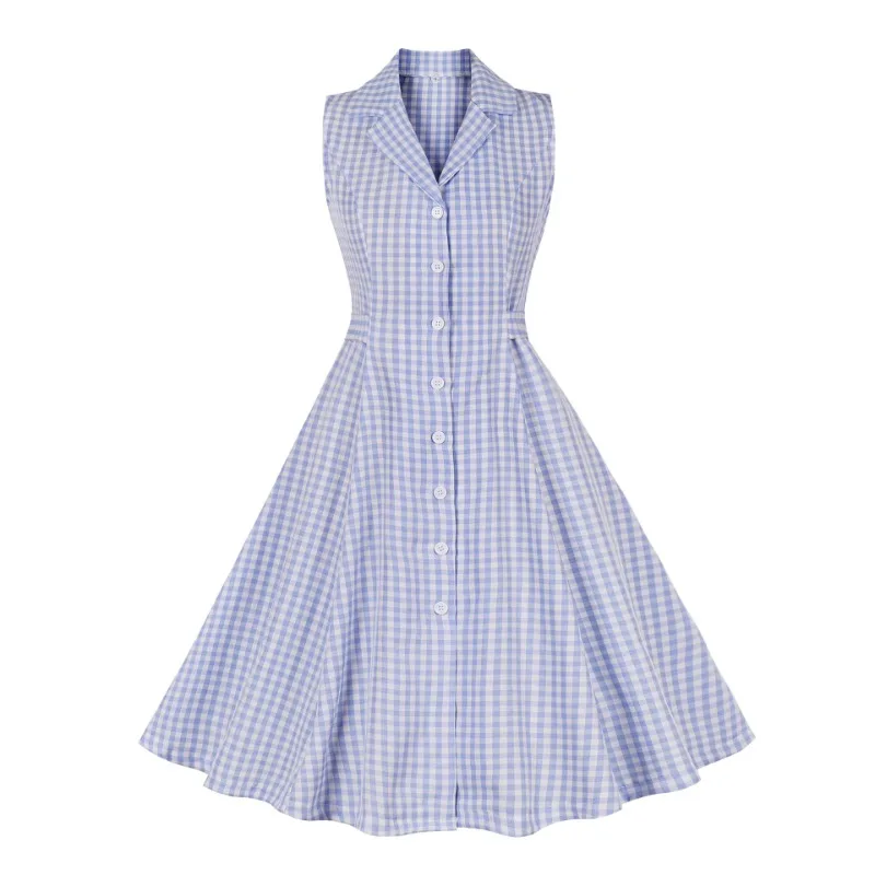 

2024 New Vintage Blue White Plaid Dresses Retro 1950s 60s Women Notched Collar Single Breasted Bow Tie Back Elegant A-Line Dress