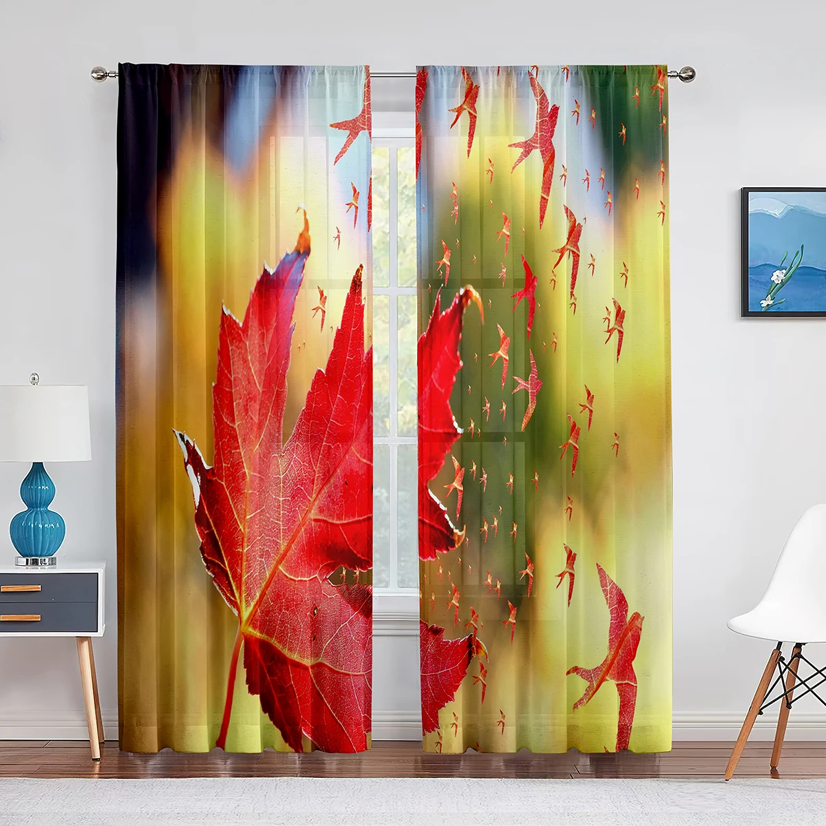 Autumn Fall Season Maple Leaves Orange Sheer Curtain for Living Room Voile for Window Blinds Bedroom Tulle Drape Kitchen Curtain