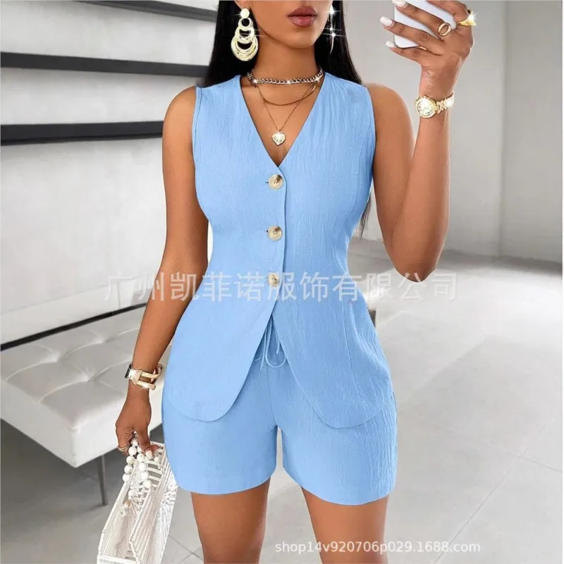 

Women Fashion Casual Shorts Set Summer Vest Top Button Solid 2 Pieces Set Lace-up Pant Suits Womens Clothing Office Holiday 2025