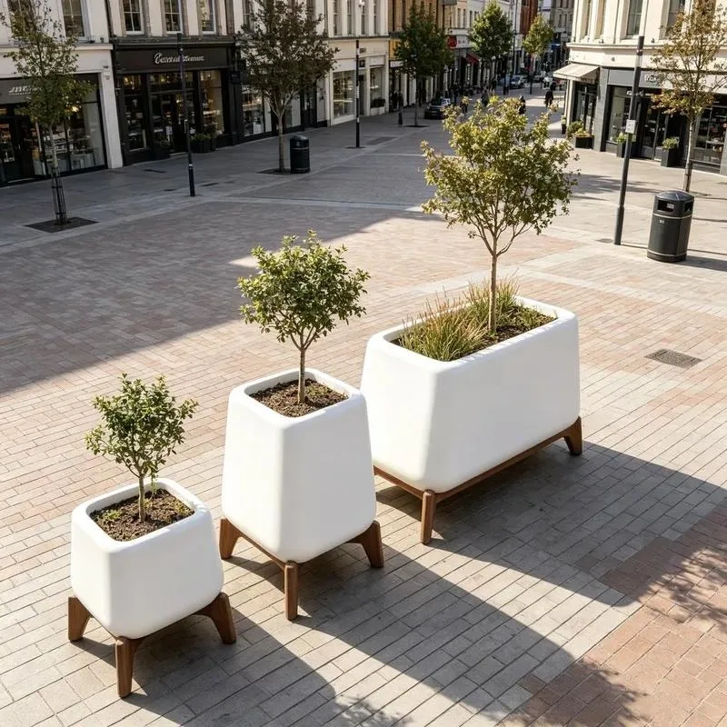 Wooden Leg Support Trapezoidal Fiberglass Flower Pot White Elevated Planter Box for Outdoor Pedestrian Street Landscaping