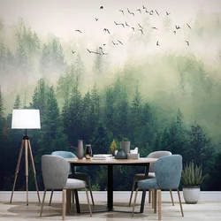 Papel tapiz Mural 3D personalizado, estilo chino, nubes pintadas a mano, bosque de pino, pájaros voladores, pintura de pared, sala de estar, TV, sofá, papel tapiz