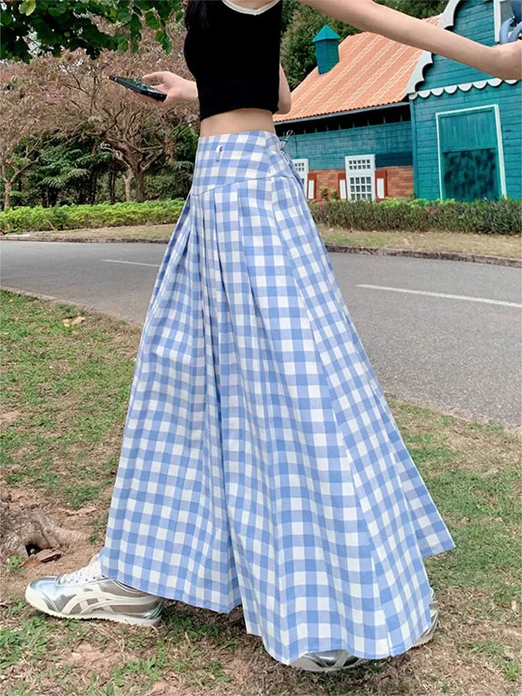 

High Waist A-Line Long Plaid Skirt plus Size Faionable Versatile Blue White College Sle Spring 2025 for Young Women