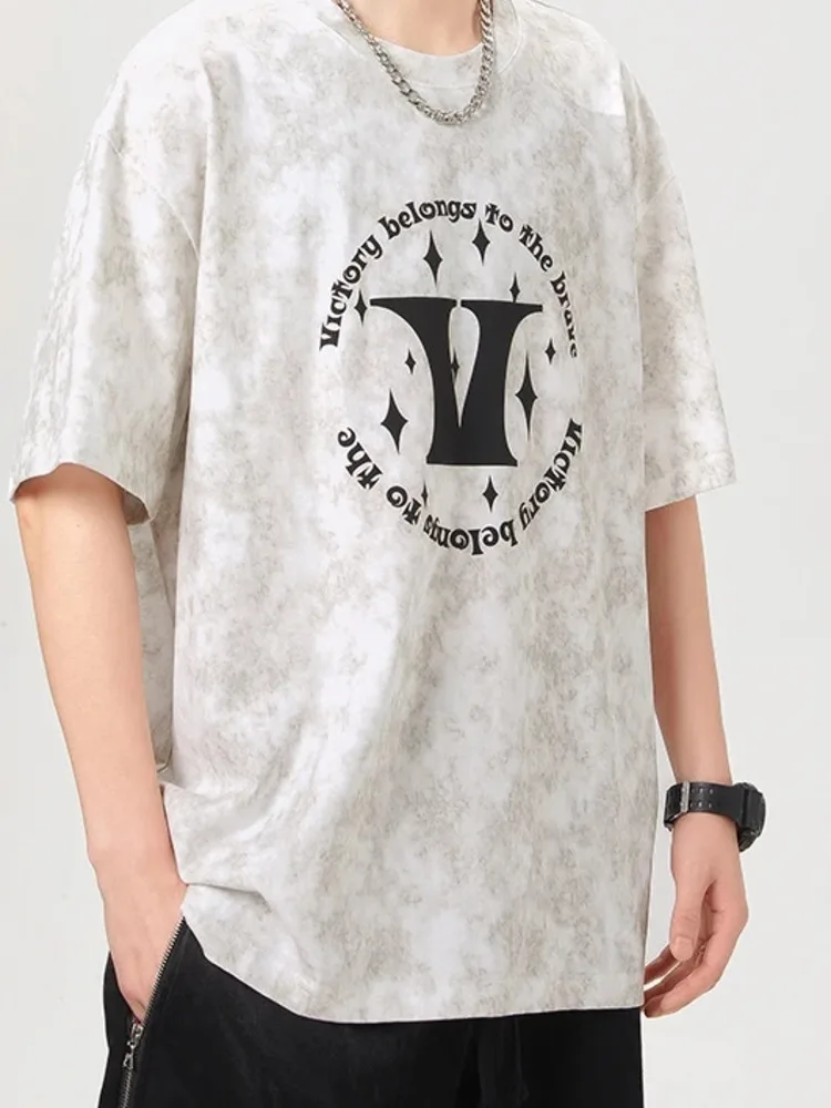 Tie Men's Oversized Dye T-Shirt Letter Printting Summer 2026 New Short Sleeve Loose casual Round Collar Pullover Top NXXX
