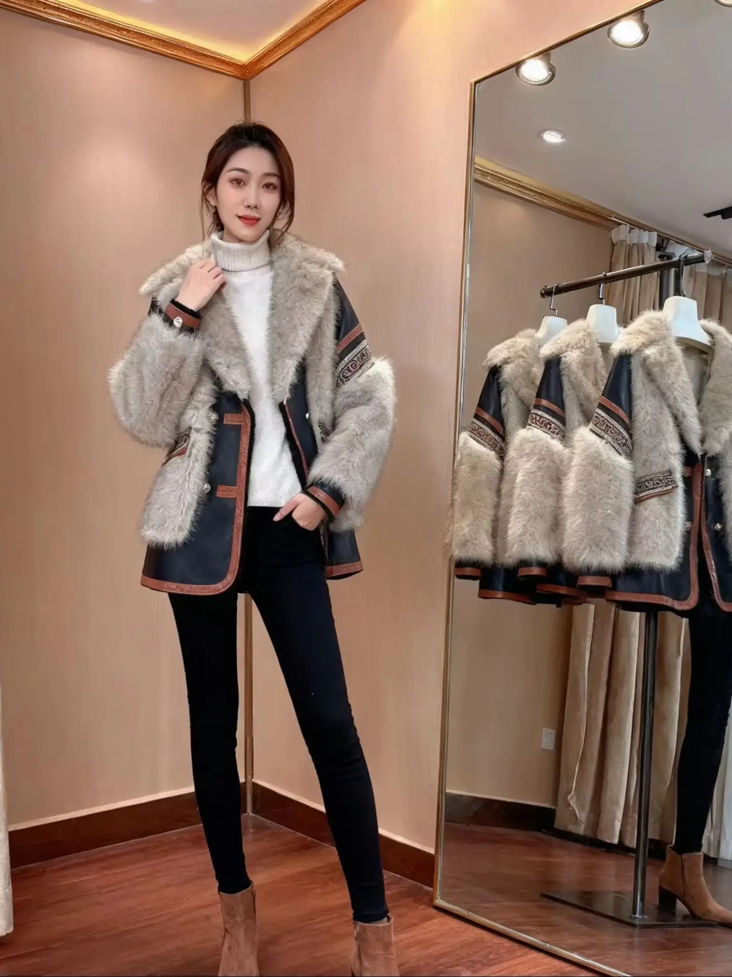 

Fashion Autumn Winter Embroidery Faux Fur Jacket Elegant Double-breasted Warm Outerwear All-match Loose Long Sleeve Fur Coats