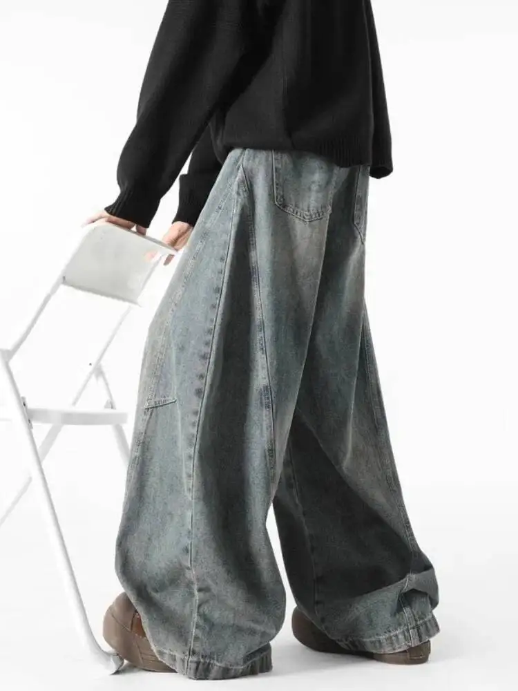 

2026 весенние мужские и женские винтажные потертые джинсы большого размера, джинсовые брюки с высокой талией, уличная одежда, свободные широкие брюки