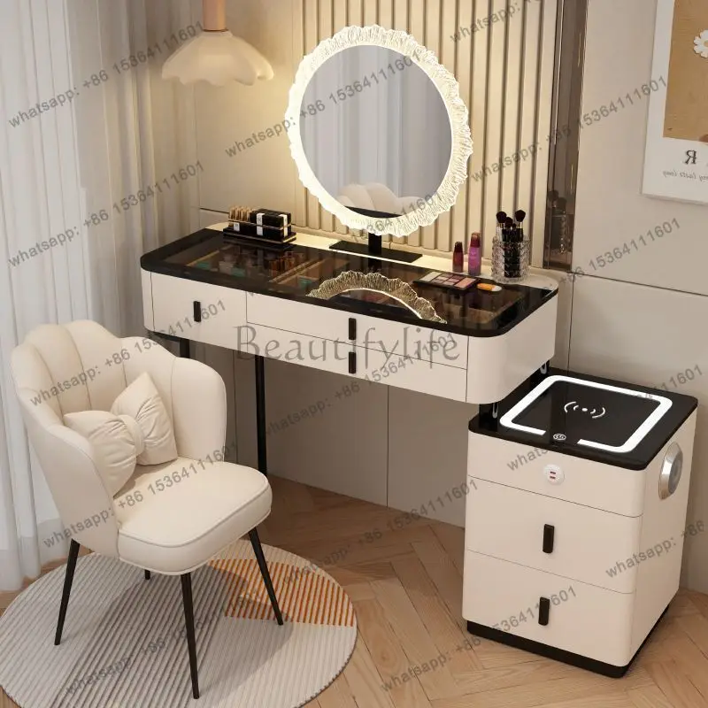LDSmart Dressing Table Wireless Charging Makeup Vanity Table Mirror Bluetooth Speaker Wood Multifunction  Furniture