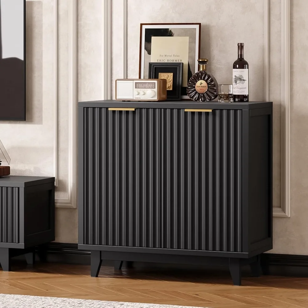 Modern Fluted Coffee Bar Cabinet with Removable Wine Rack and Adjustable Shelf, Solid Wood Legs, Multi-Functional Sideboard Buff