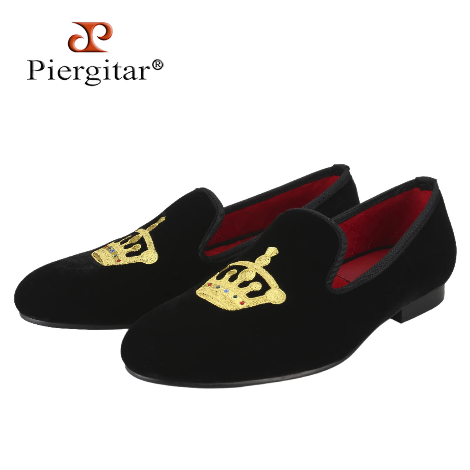 Piergitar Colorful Colors Velvet With Aristocratic Crown Embroidery Classic Loafers British Style Handmade Men Smoking Slippers