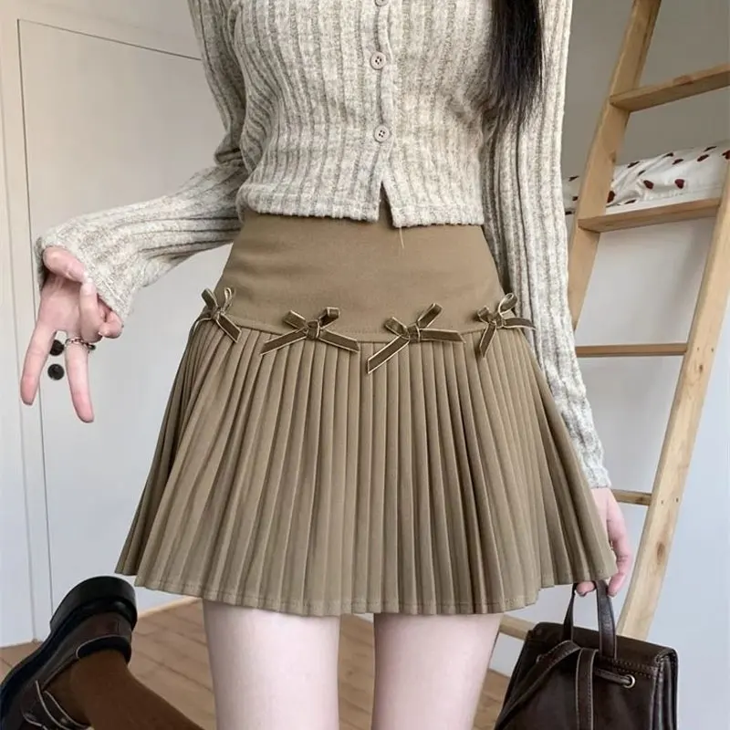 

Sweet Bow A-Line Pleated Skirts Korean Female Clothing High Waist Zipper Spring Autumn Winter Hotsweet Solid Color Mini Skirts