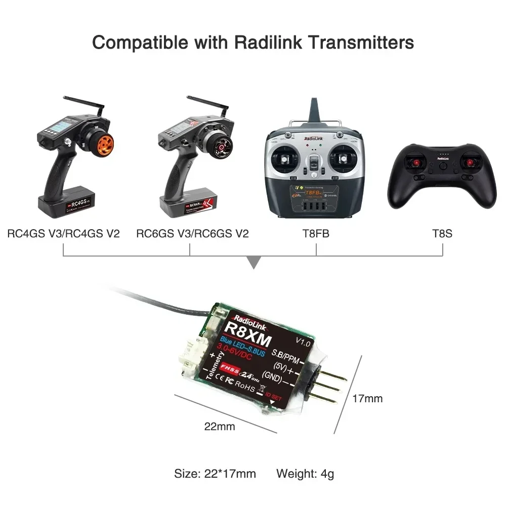 Radiolink 8-kanaals mini-ontvanger R8XM 2,4 GHz Geïntegreerde telemetrie Voertuigspanning 4000 meter Controle- en telemetrieafstand