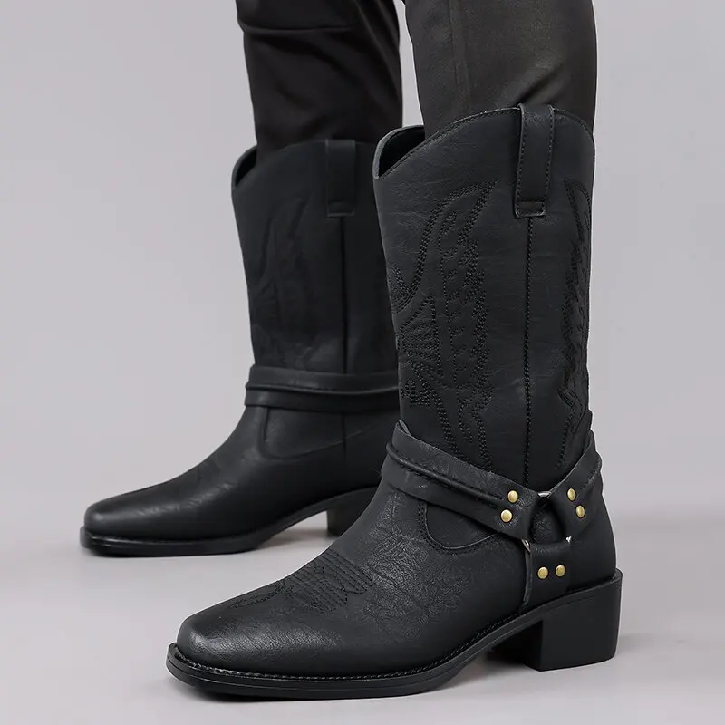 Men's Retro Western Embroidered Belt Buckle Cowboy Boots Mid-Calf Knight Fashionable Outdoor Footwear