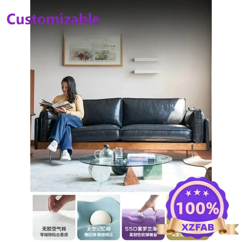 Factory Direct 2026 Sofa French retro oil wax leather sofa Italian minimalist three-person solid wood straight row small apartme