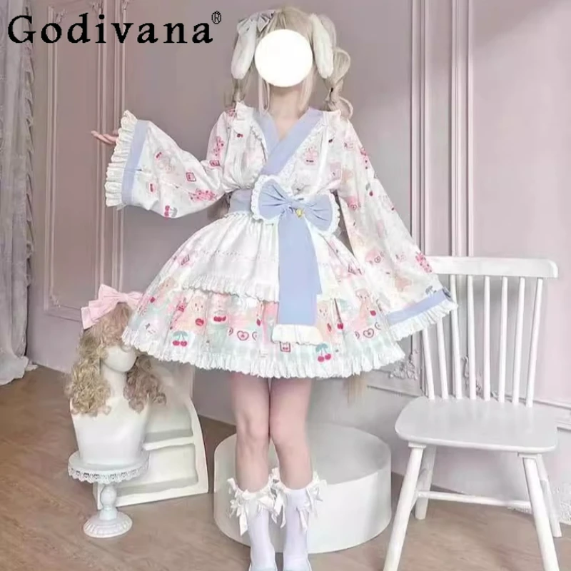 

Maid Japanese Style Authentic Skirt Set for Ladies Cute Sweet Shirt and Skirt Suits with Bow and Apron Women Lolita Outfits