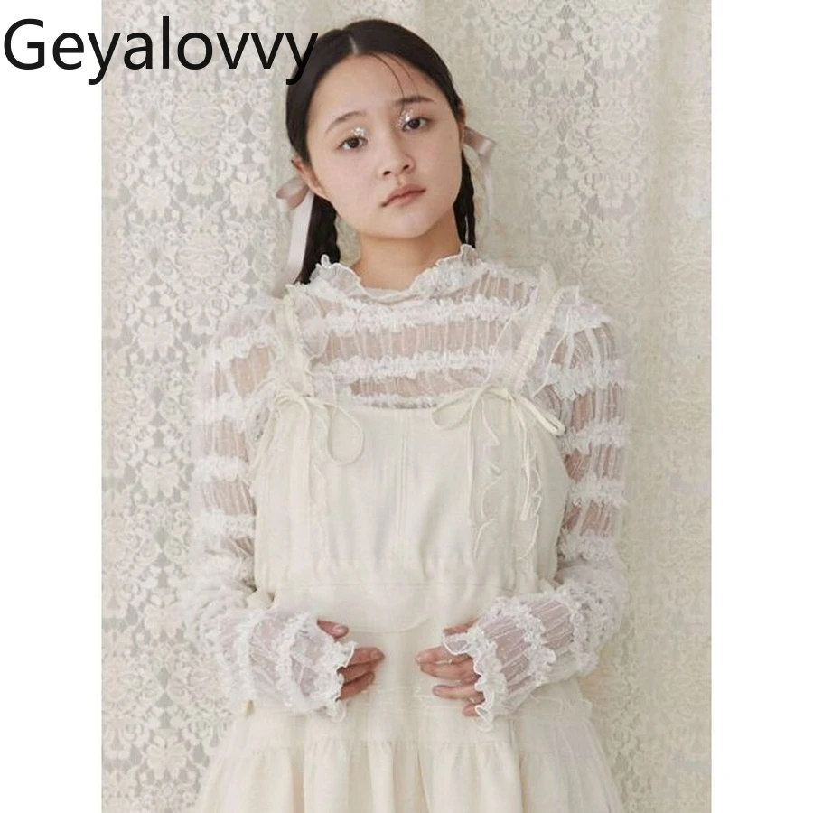 เสื้อยืดแขนยาวสไตล์ญี่ปุ่น ผ้าชีฟองยืดหยุ่นสูง แต่งระบายหวานๆ สำหรับผู้หญิง ใช้เป็นเสื้อตัวในได้หลากหลาย