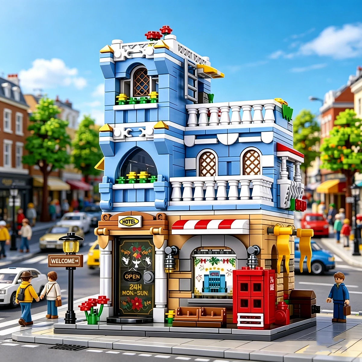

Street View Hotel Street Scene Brick Building Set - Colorful ABS Structure, Creative DIY Assembly, Ideal Gift for Birthday