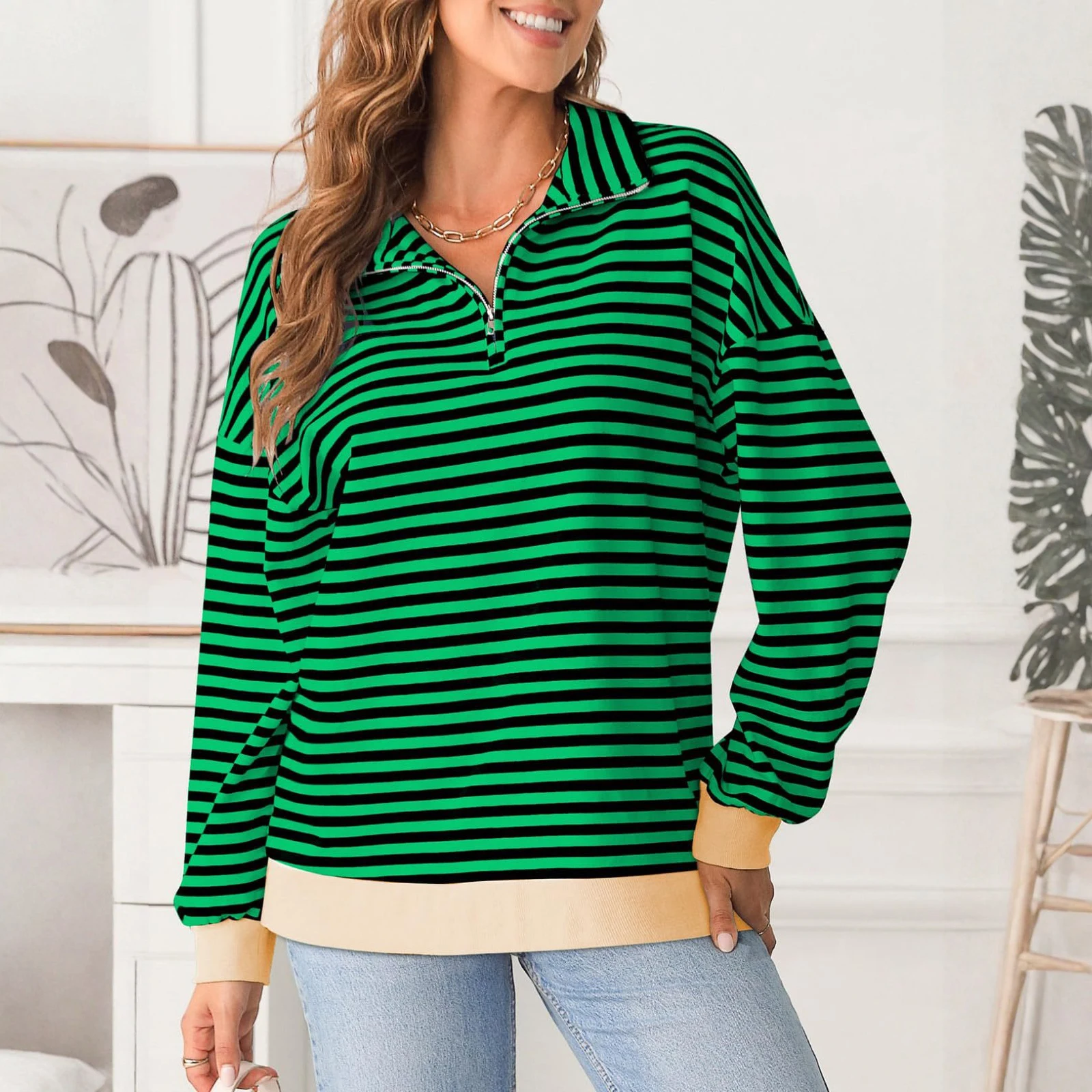 Damska modna bluza sportowa z długim rękawem, w paski, z klapami, wkładana przez głowę, odzież damska, ubrania zimowe dla kobiet.