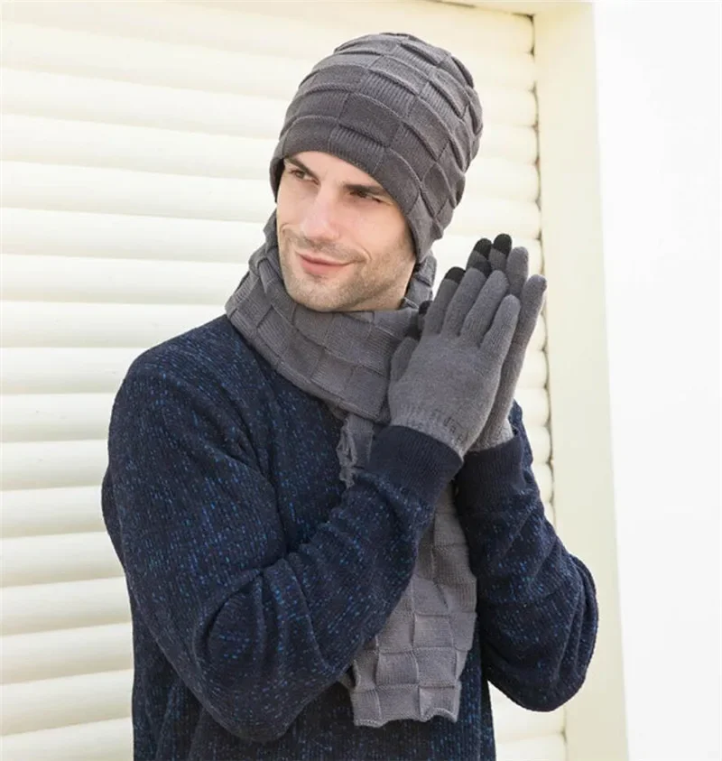 Inverno masculino de malha longo cachecol chapéu luvas conjunto homem quente proteção de pelúcia orelha boné cachecóis e luvas touchscreen