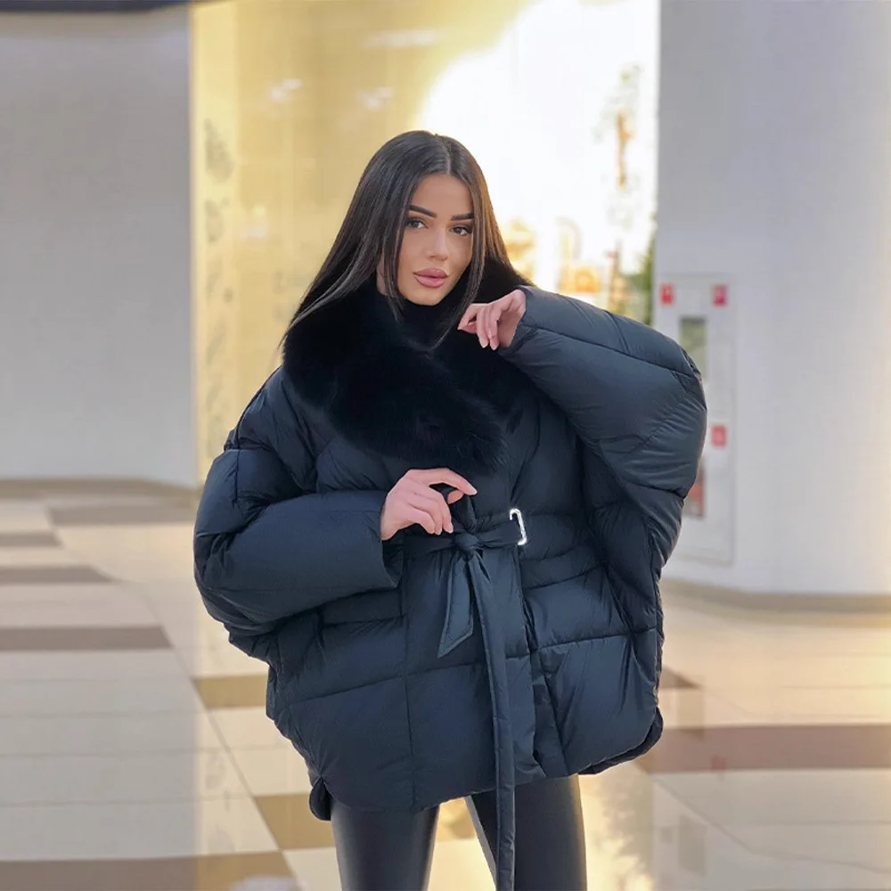 

Winter Jacket Women 2026 Big Fur Collar Padded Parkas Elegant Bow Tie Waist Down Cotton Coat Thick Warm Oversized Puffer Outwear