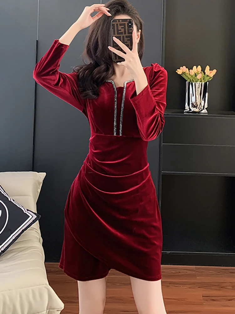 Autumn Winter Red Velvet Long Sleeve Mini Dress Women Fashion Hight Waist  A-Line Dress 2026 Korean Elegant Luxury Party Vestidos - AliExpress  200000345