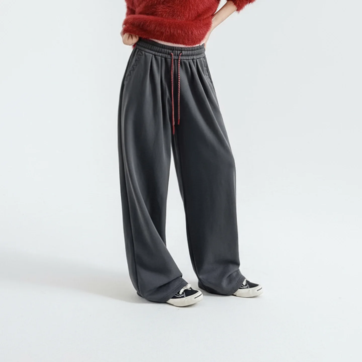 Maden Calça de moletom casual feminina primavera solta calças de perna reta cintura elástica cordão baggy fit cinza escuro