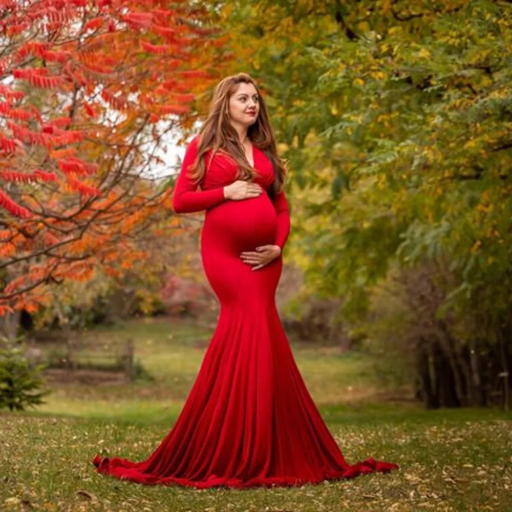 Maternity Dresses for Photo Shoot  for Baby Shower Pregnancy Red Mercerized Cotton Long Sleeve V-neck Skirt Grossesse Vestidos