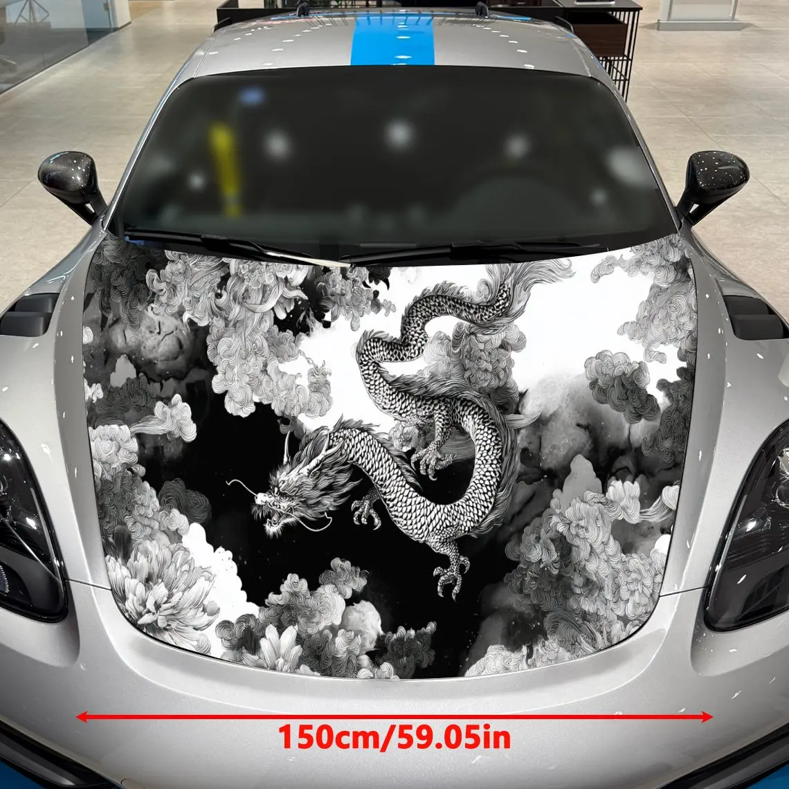 Ink Dragon Piercing Clouds Among Flowers Car Vinyl Wrap, PVC Material Waterproof Car Hood Sticker, Self-Adhesive Scratch-Resista