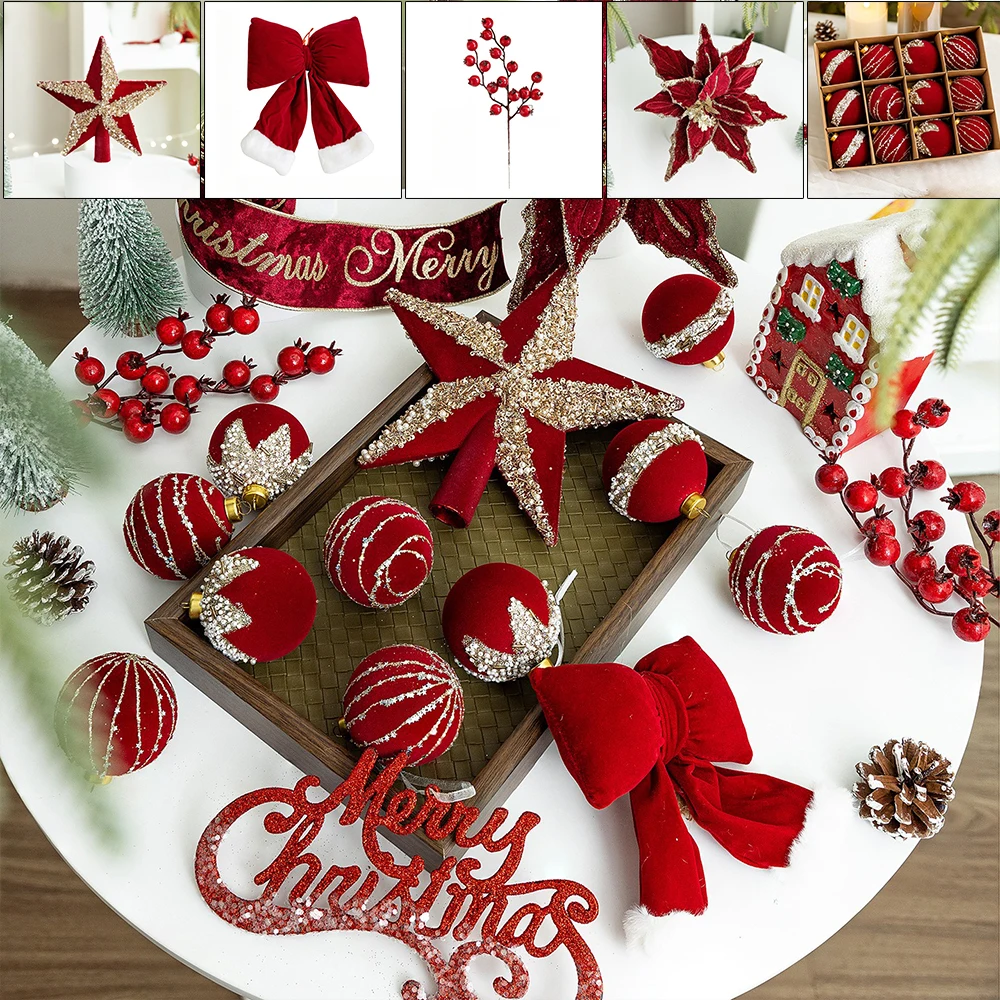 

Christmas Bow Decoration Velvet Wine Flocking Christmas Ball Ornaments Hanging Ornaments DIY Xmas Tree Star Home Decor Decoração