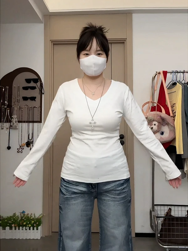 

Женская модная футболка больших размеров V-Ne Long Sve, осенний базовый слой, повседневный облегающий универсальный топ