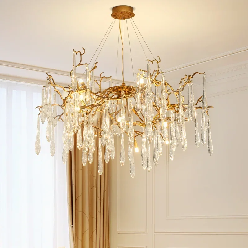 Modern Serip Crystal Tree Branch Chandelier for Living Room Dining Room Luxury Round Hanging Waterfall Crystal Pendant Vila
