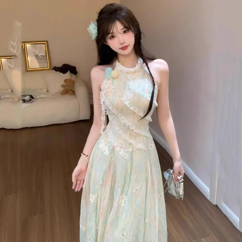 

French Style Summer Dress Women Sweet and Gentle Temperament Without Sleeves Irregular Lace Atmospheric Y2k Dresses