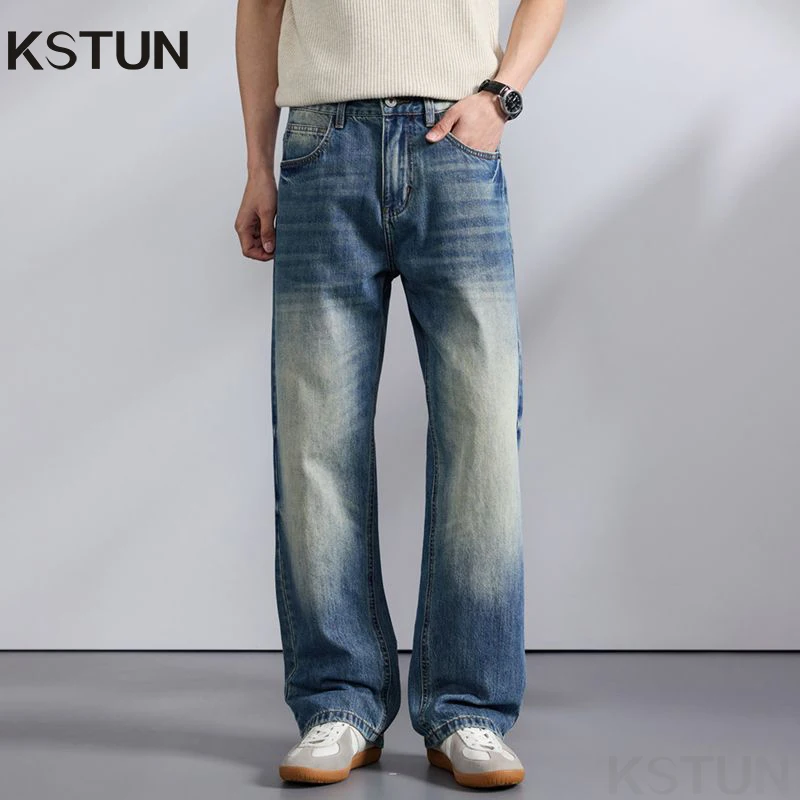 

KSTUN 2026 Spring Men's Wide Leg Jeans Loose Straight Cut Vintage Casual Denim Pants Streetwear High Quality Brand Male Trousers