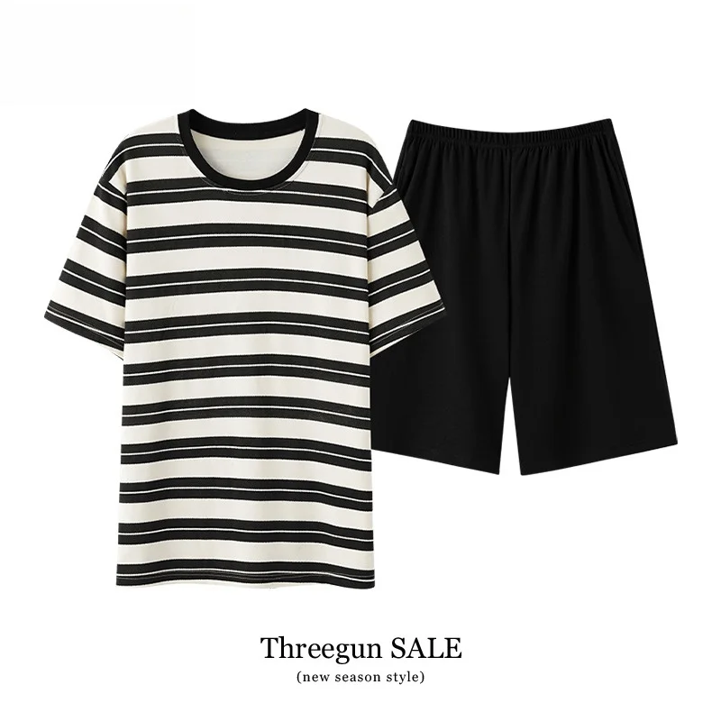 tee-gun-メンズ-夏用-軽量-純綿-半袖-パジャマ-ホームウェア-おしゃれなストライプ柄-コットンセット-ショートパンツ