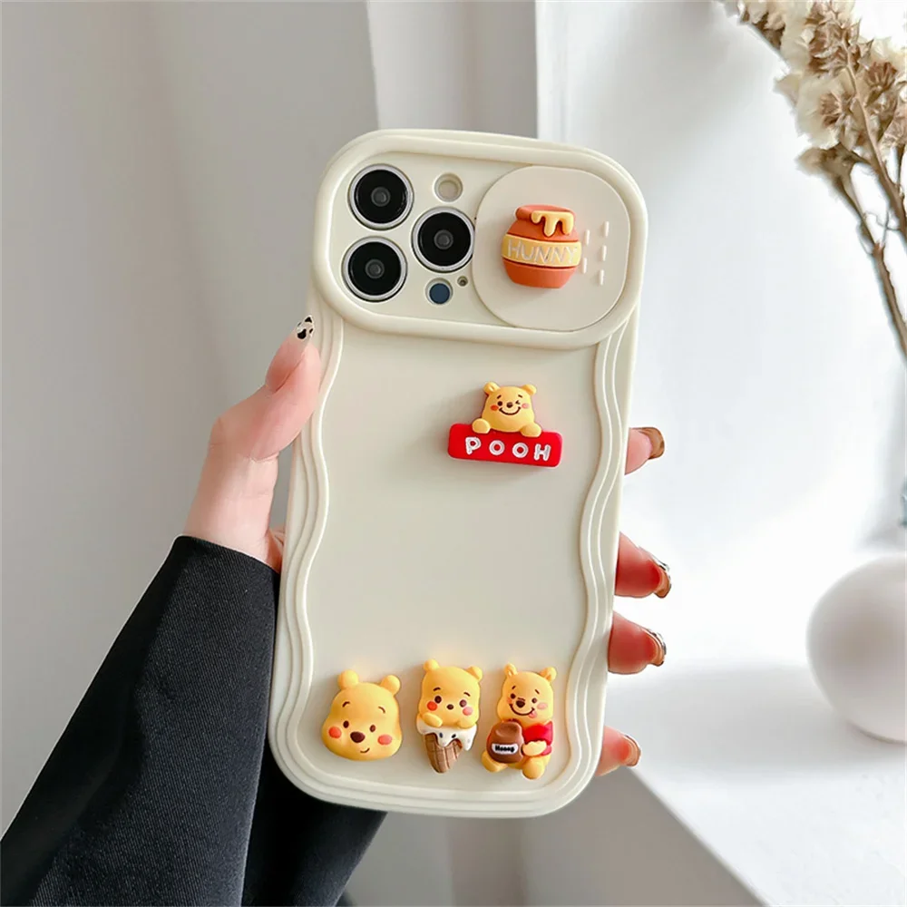 Cute Cartoon Anime Pooh Bear Lotso Doll Decorate Sliding Door Camera Case for Iphone 14 13 12 11 Pro Max Plus Soft Back Cover