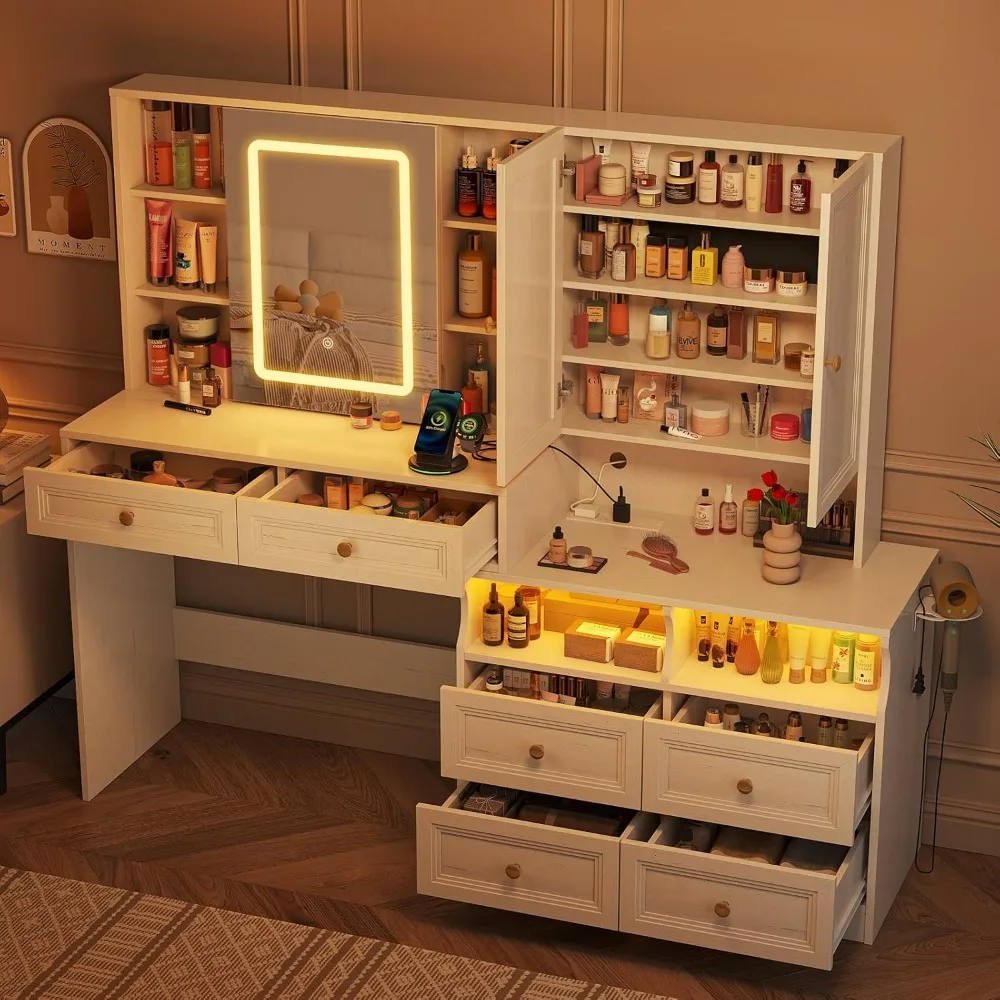 مكتب زينة كبير مقاس 58.6 بوصة مع مرآة وأضواء منزلقة، وطاولة زينة للمكياج باللون الأبيض ومجموعة منضدة مع مخرج طاقة و6