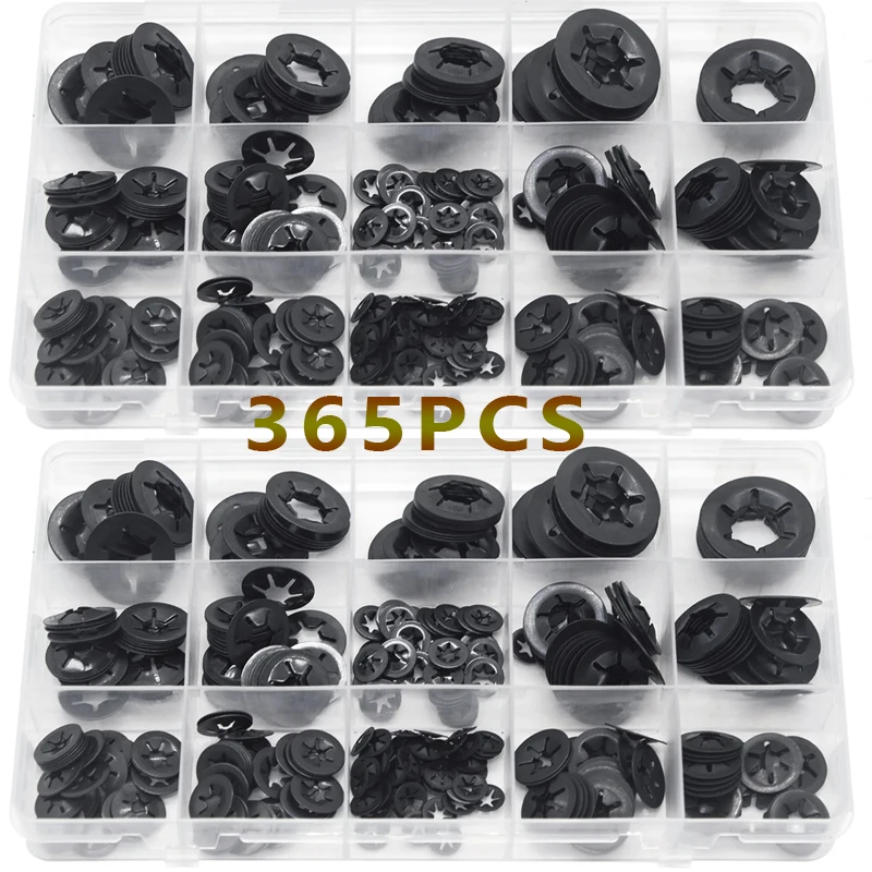 365pcs Internal Tooth Starlock Washers 65Mn Steel Black Oxide High Hardness Washer Set for Furniture Car Repairs DIY