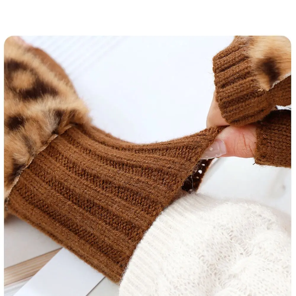Trendy Leopard Print Half Finger Gloves Winter Plush Mittens Soft Faux Thermal Hand Warmers For Women Daily Commute