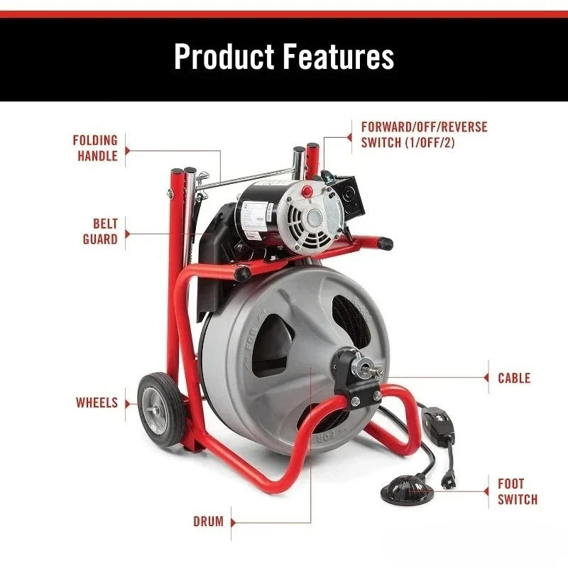 

2026-горячая распродажа, горячая распродажа52363, модель K-400, комплект барабанной машины для очистки стока, 120 В, с кабелем C-32IW 3/8 дюйма X 75 футов, хороший