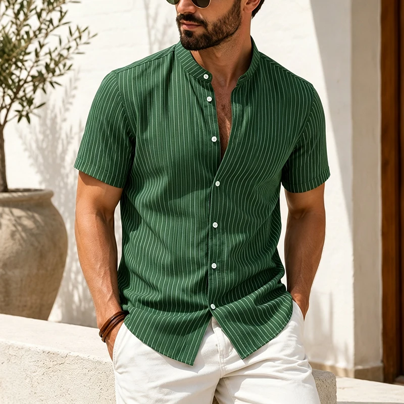 Men Woven Striped Linen Short Sleeve Shirt Relaxed Fit Mandarin Collar Lightweight Summer Casual Shirts for Vacation Beach Wear