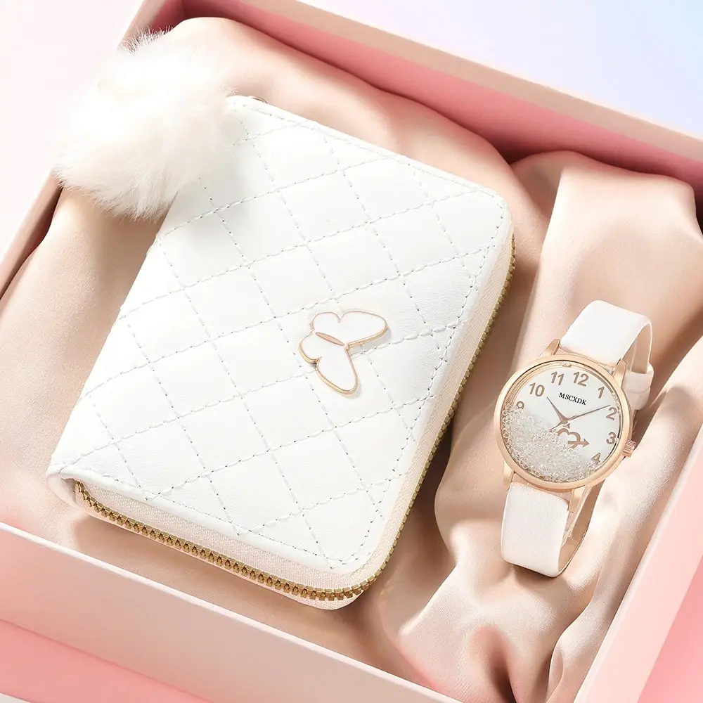 Women Simple Watch Fashion Leather Quartz Wristwatches Wallet Set Female Plush Ball Decoration Butterfly Wallet Montre Femme