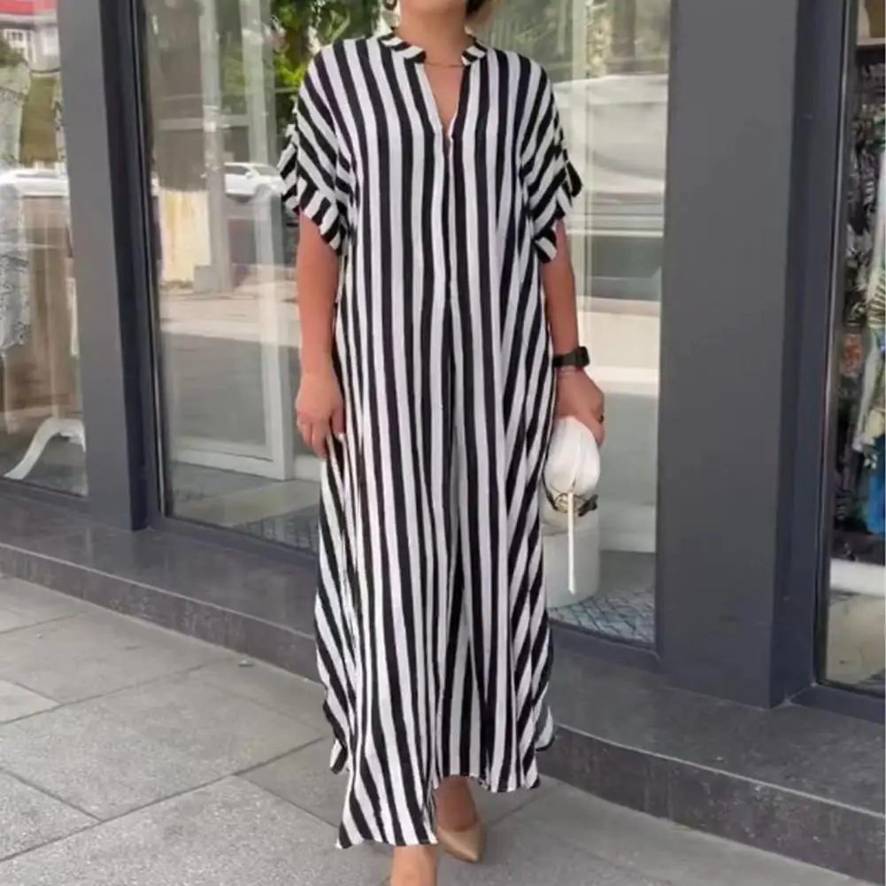 

Women Striped Blouse Dress Summer Side Split Short Sleeve Long Maxi Loose Party Dresses