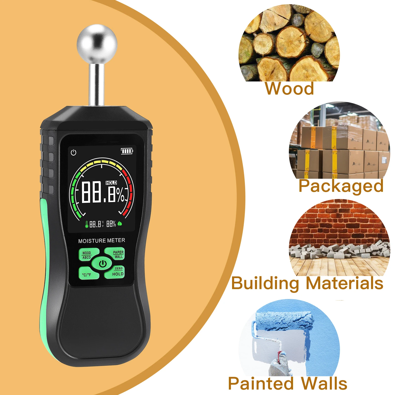 Humidimètre mural, broche et sans broche avec alarme acoustique LCD couleur, détecte les murs de 20 à 40 mm, bois, maçonnerie, béton