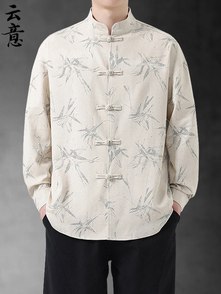 

Весенний китайский льняной костюм с длинным рукавом для мужчин: модный принт, воротник, ретро-стиль, дышащий, молодежный, в стиле Чжунгань/Тан.