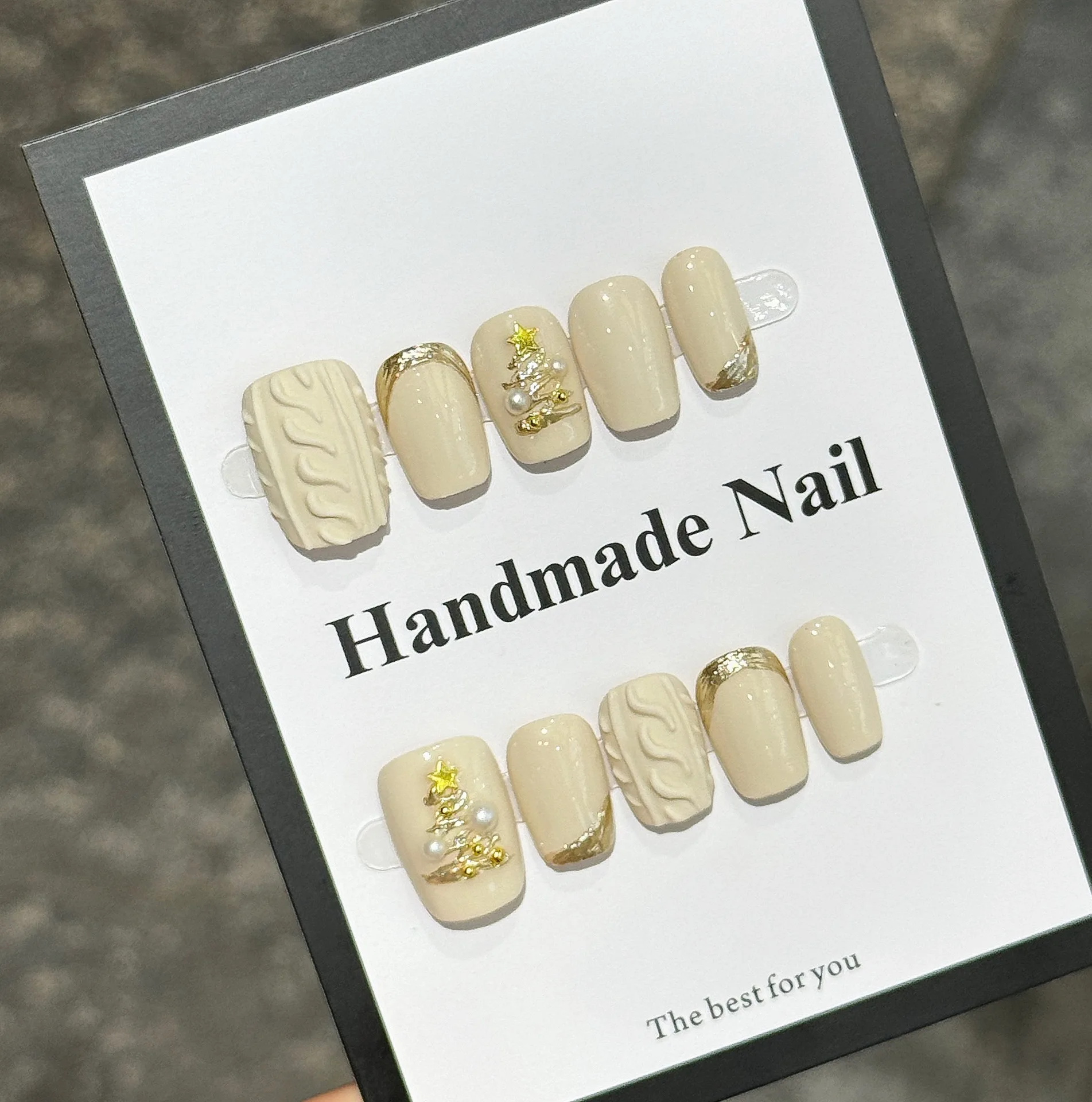 10개입 크리스마스 파티 짧은 스퀘어 발레 네일 팁 아트 눈꽃송이 라인스톤 진주 디자인 재사용 가능한 네일 스티커 아크릴 네일