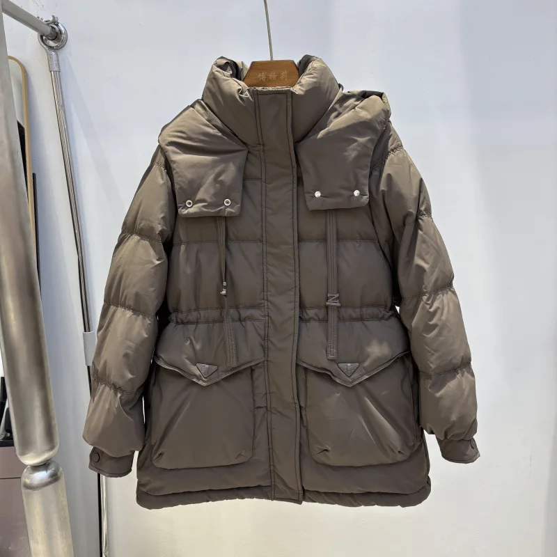 

Зимняя новинка 2026: Женская приталенная куртка-пуховик с капюшоном из белого утиного пуха, модная и элегантная.