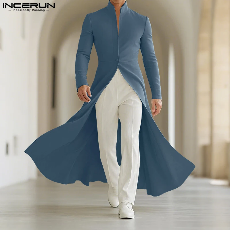 INCERUN Men Blazer Solid Color Stand Collar Long Sleeve Ruffle Long Style Blazer Men Streetwear Autumn 2025 Fashion Male Suits