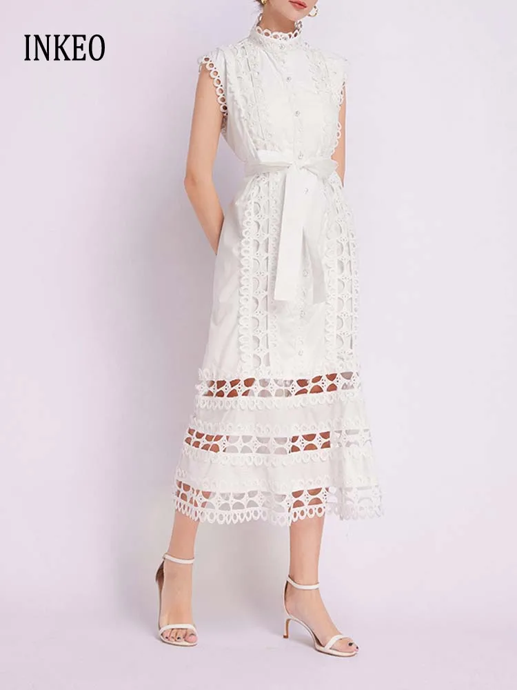 

Beach Sleeveless Lace long dress women's 2024 Summer Elegant Patchwork Hollow out Midi dresses Sashes White Black INKEO 4D055