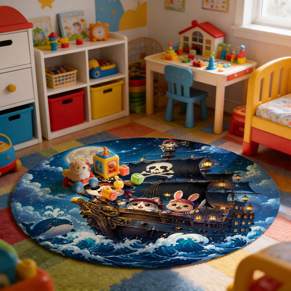 Cute Cartoon Pirate Cat Puppy Dog Crew Ocean Adventure Round Area Rug for Kids Nursery Playroom Decor