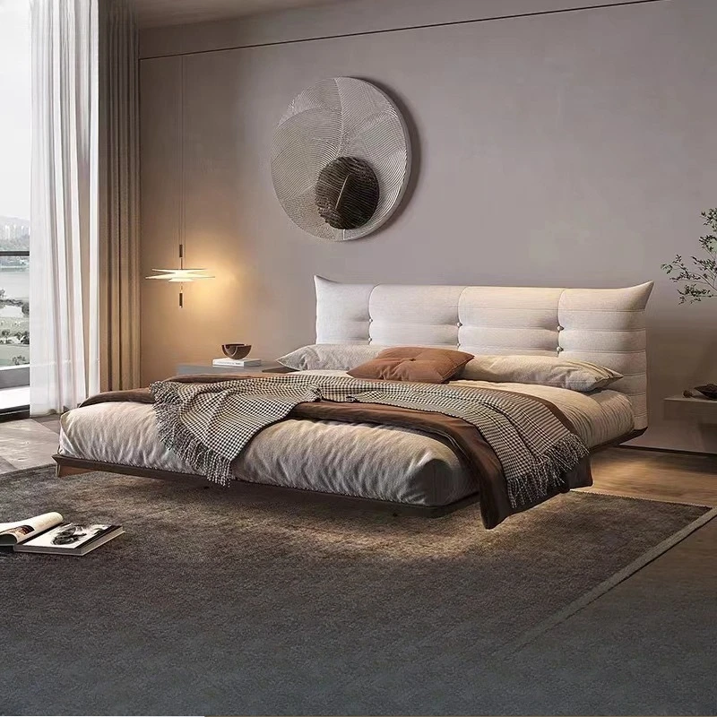 solid wood floating bed, cream style master bedroom, light luxury induction light, double wedding bed