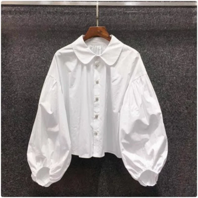 

SuperAen French-style Sweet White Short Shirts for Women 2026 Spring New Oversize Folds Long-sleeved Loose Tops