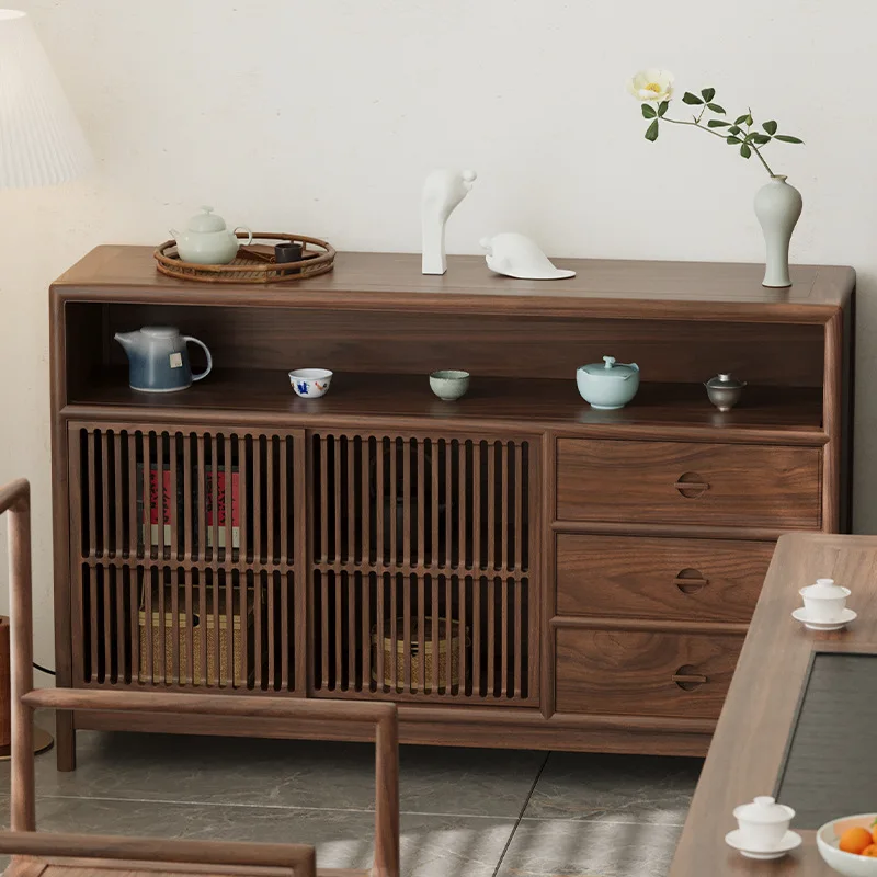 Lemari samping kayu kenari hitam Cina baru, lemari rendah, lemari pintu masuk, penyimpanan zen